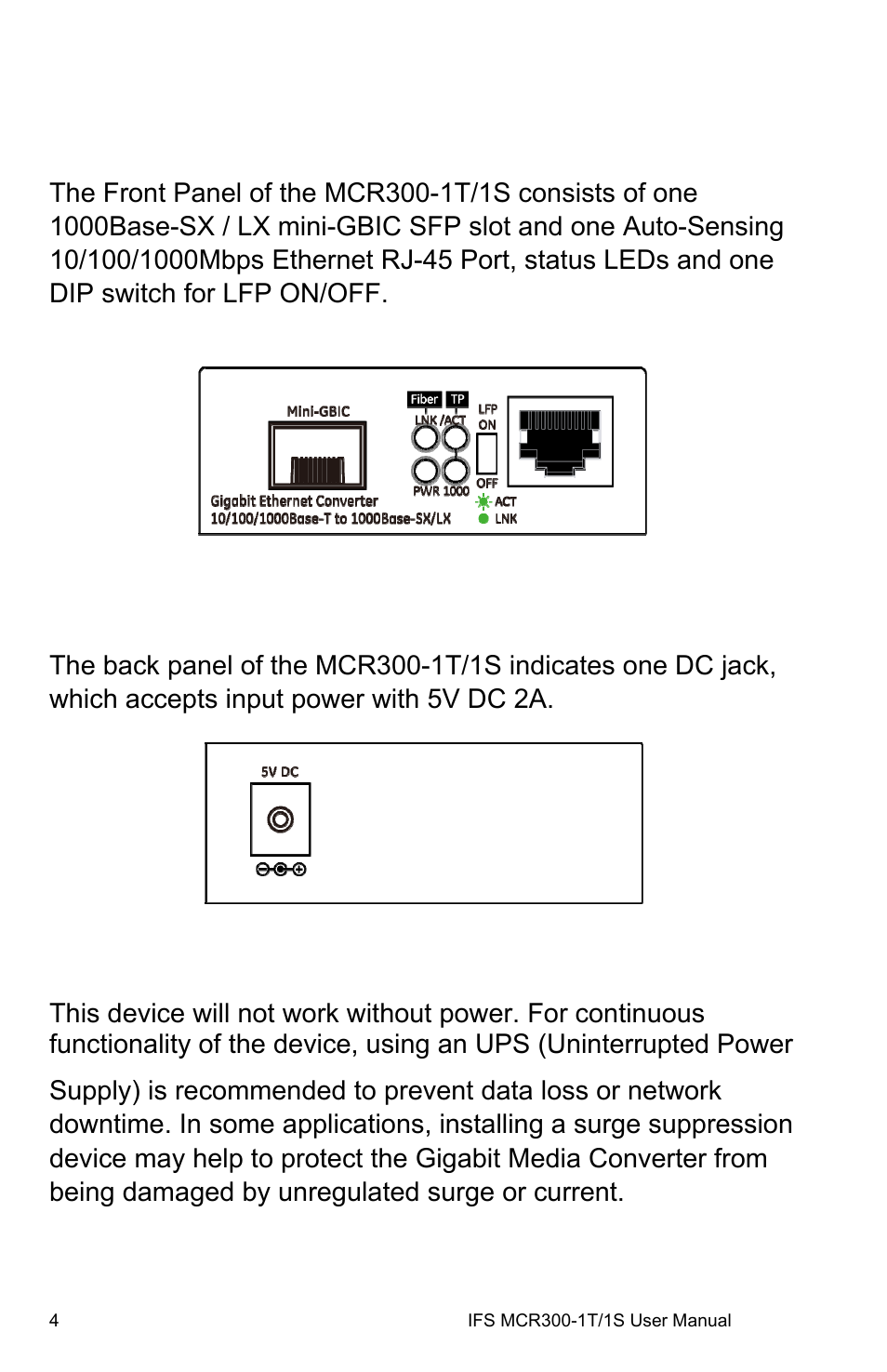 Front panel, Back panel, Power notice | Interlogix MCR300-1T/1S User Manual | Page 10 / 20