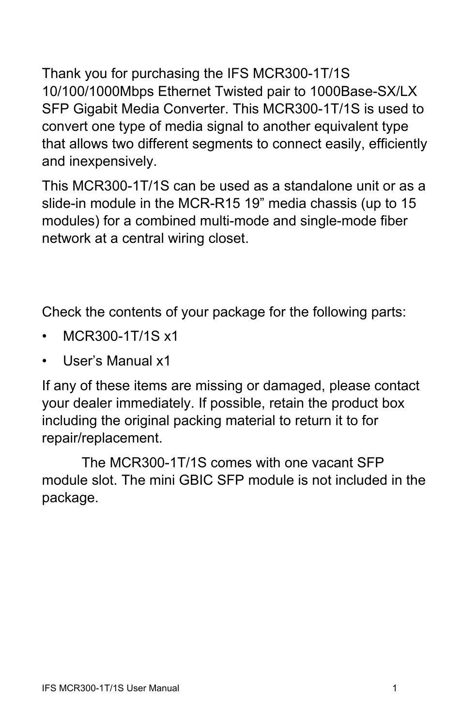 Overview, Package contents | Interlogix MCR300-1T/1S User Manual | Page 7 / 20