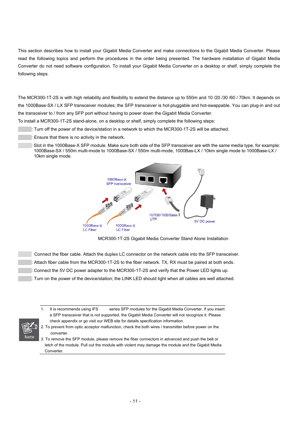 5 install the media converter, 1 stand-alone installation | Interlogix MCR300-1T-2S User Manual | Page 11 / 17