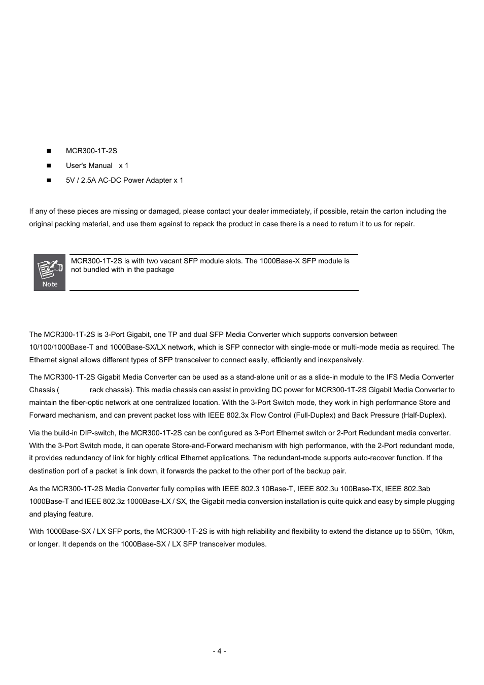 Introduction, 1 checklist, 2 product description | Hecklist, Roduct, Utlook, Nstall the, Rj-45 | Interlogix MCR300-1T-2S User Manual | Page 4 / 17