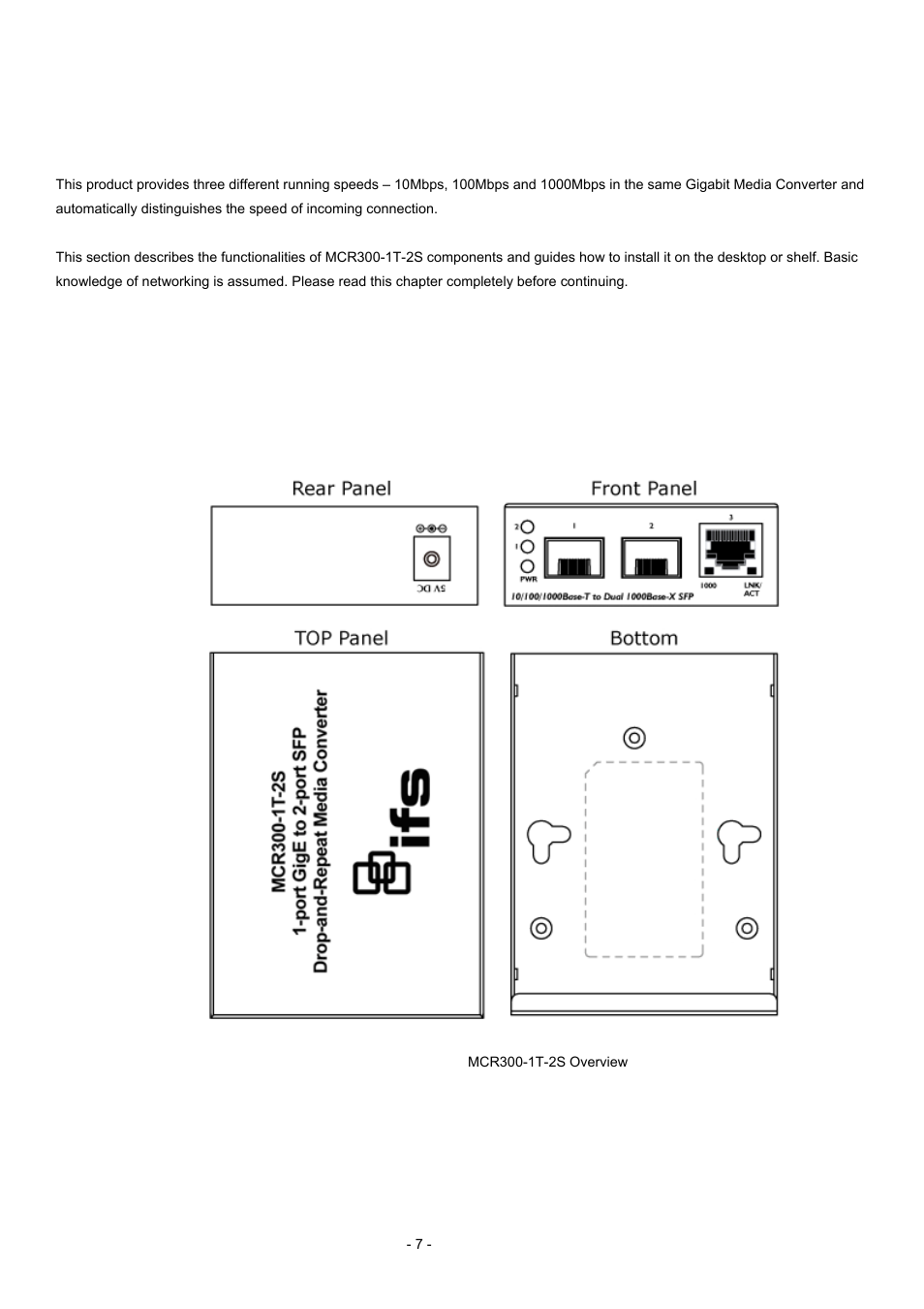 Hardware description, 1 product outlook, Roduct | Eatures, 1 led indicators, 2 media chassis installation, Iber, Ptic, Able, Onnecti | Interlogix MCR300-1T-2S User Manual | Page 7 / 17