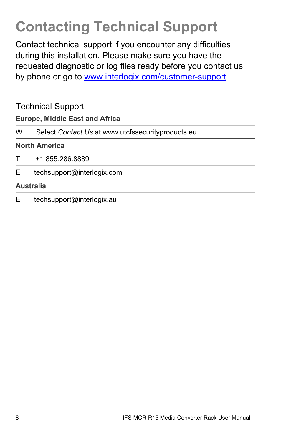 Contacting technical support, Contacting technical support 8 | Interlogix MCR-R15 User Manual | Page 14 / 14