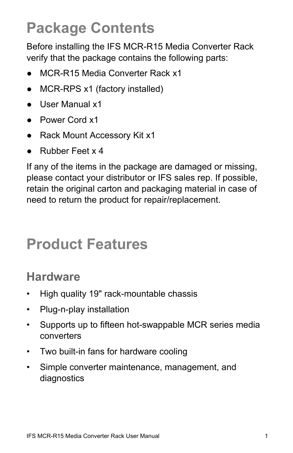 Package contents, Product features, Hardware | E contents 1, Product features 1 | Interlogix MCR-R15 User Manual | Page 7 / 14