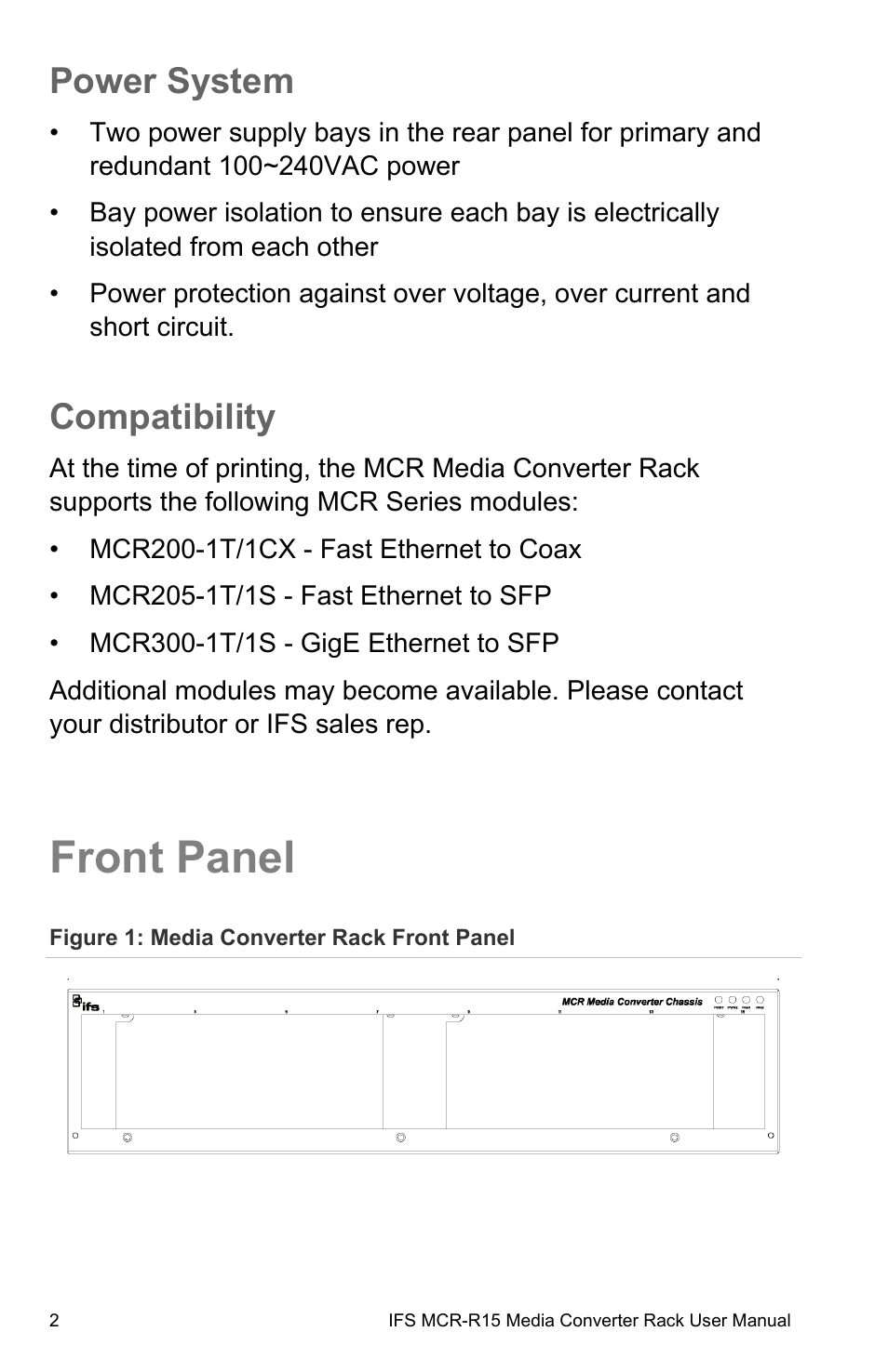 Power system, Compatibility, Front panel | Front panel 2 | Interlogix MCR-R15 User Manual | Page 8 / 14