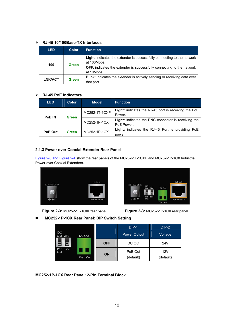 3 power over coaxial extender rear panel | Interlogix MC252-1P-1CX User Manual | Page 12 / 21