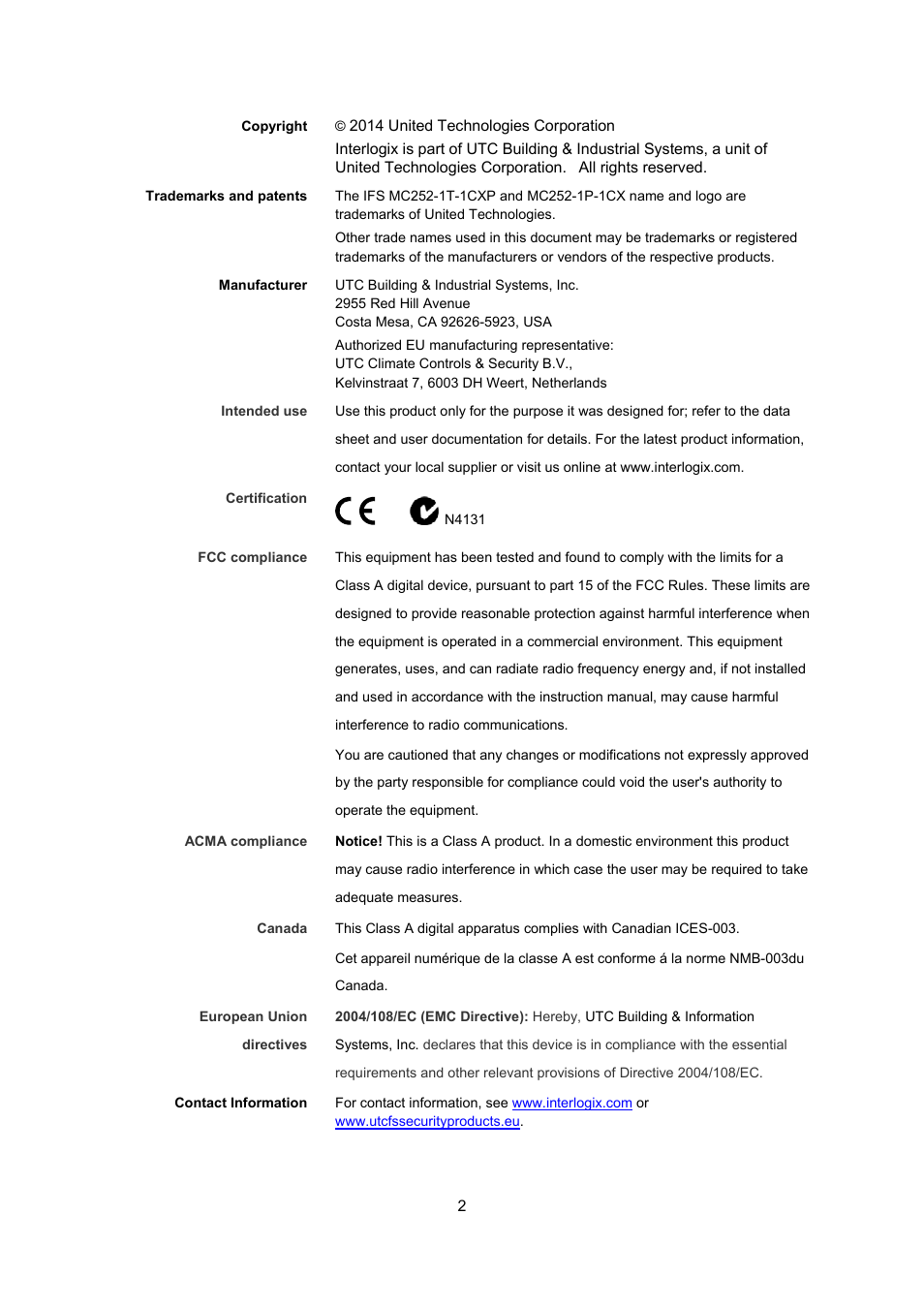 Interlogix MC252-1P-1CX User Manual | Page 2 / 21