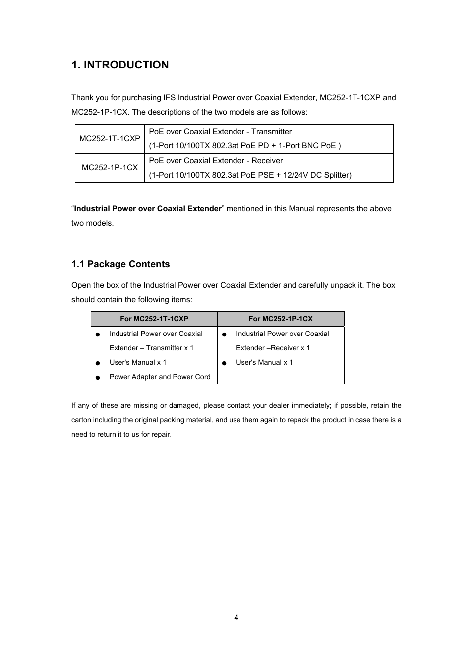 Introduction, Ackage, Ontents | 1 package contents | Interlogix MC252-1P-1CX User Manual | Page 4 / 21