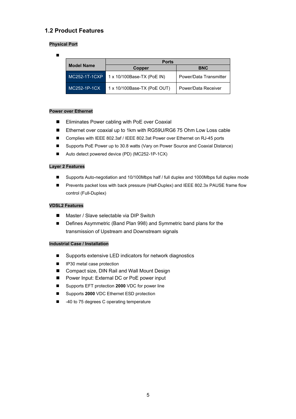 Roduct, Eatures, 2 product features | Interlogix MC252-1P-1CX User Manual | Page 5 / 21