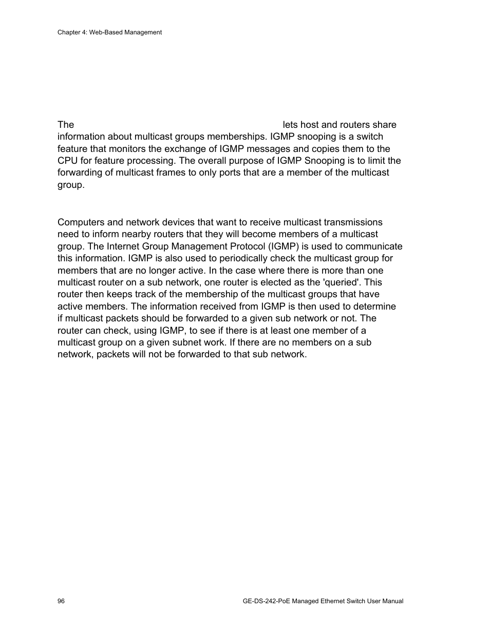 Igmp snooping 96, Igmp snooping, Theory | Interlogix GE-DS-242-PoE User Manual | Page 100 / 218