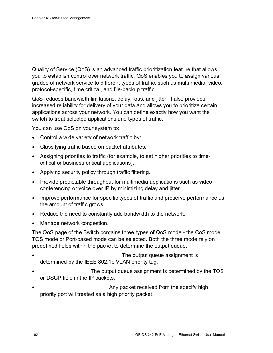 Qos configuration 102, Qos configuration, Understand qos | Interlogix GE-DS-242-PoE User Manual | Page 106 / 218