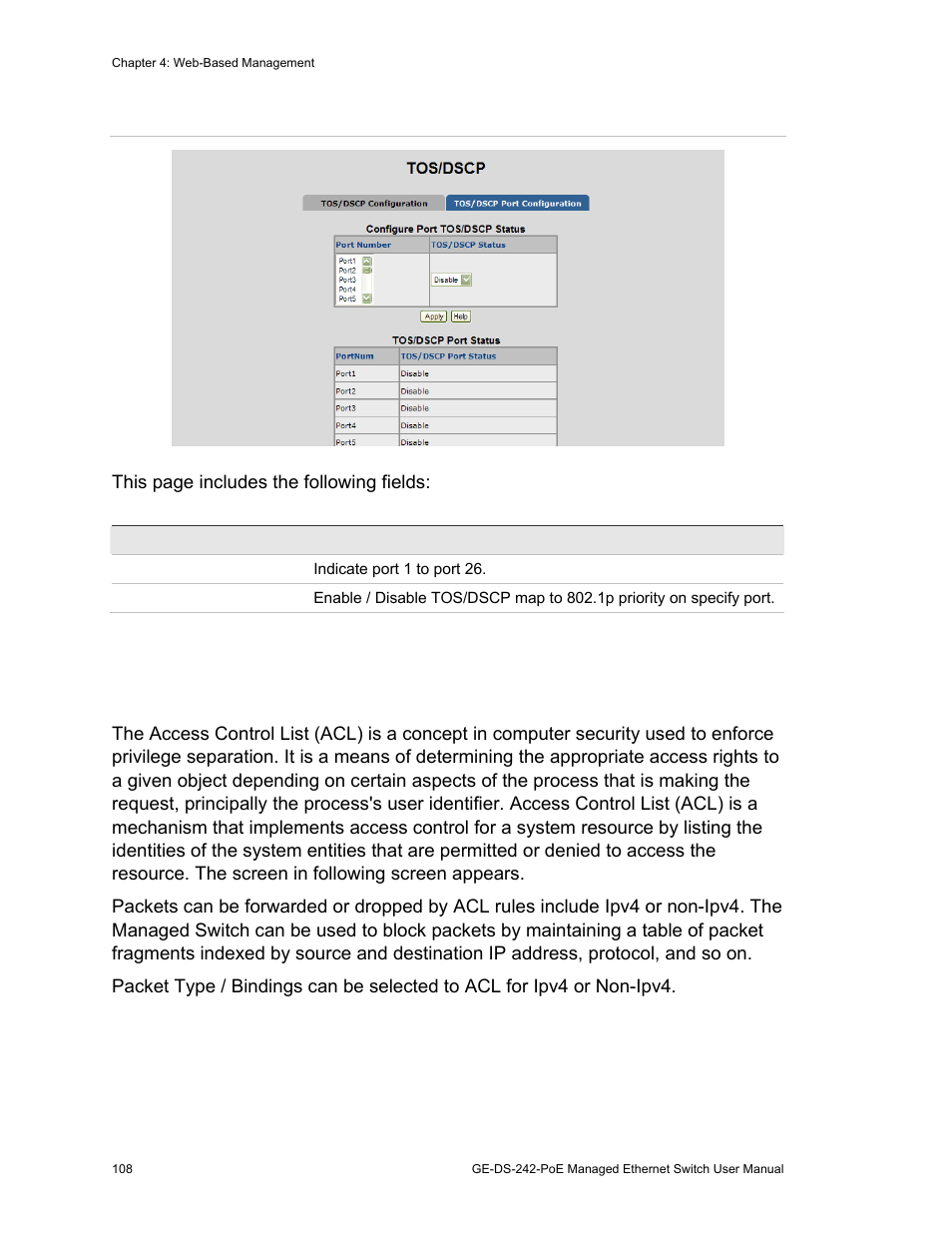 Access control list 108, Access control list | Interlogix GE-DS-242-PoE User Manual | Page 112 / 218