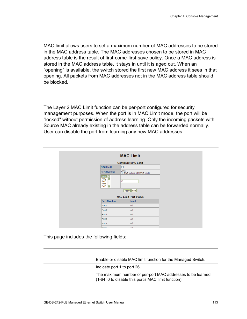 Mac limit 113, Mac limit, Mac limit configuration | Interlogix GE-DS-242-PoE User Manual | Page 117 / 218