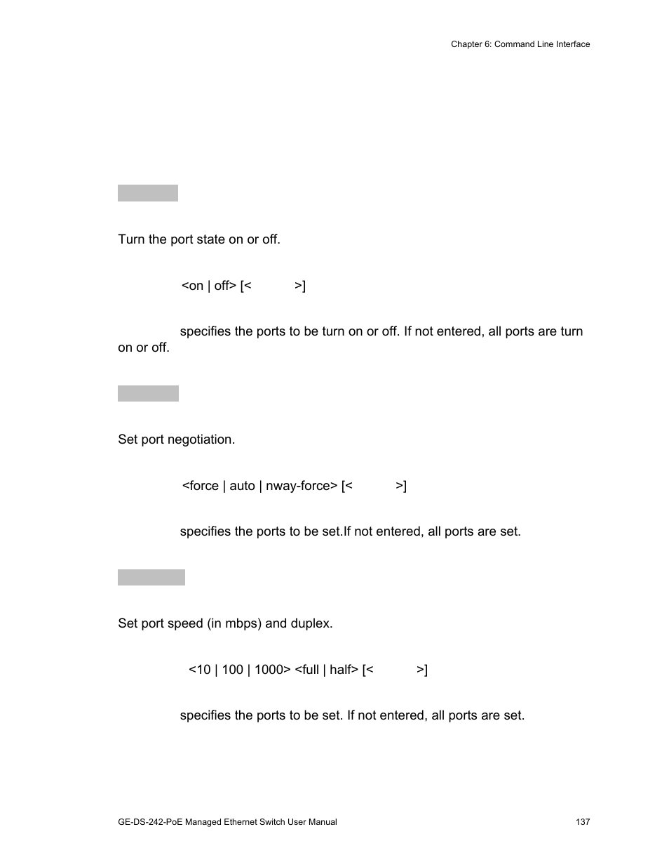 Switch static configuration, Port configuration and show status | Interlogix GE-DS-242-PoE User Manual | Page 141 / 218