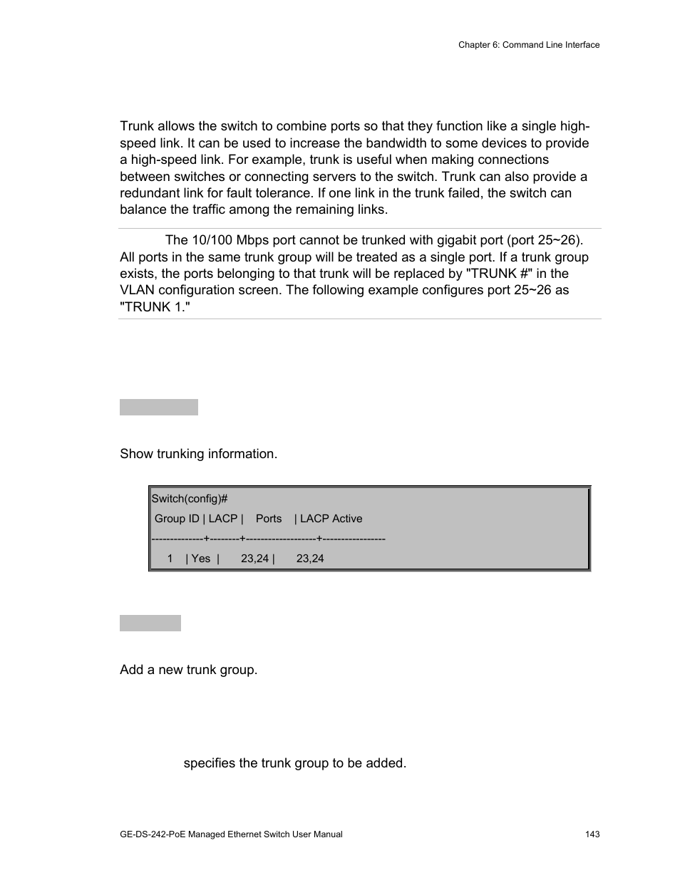 Trunk configuration 143, Trunk configuration, Trunking commands | Interlogix GE-DS-242-PoE User Manual | Page 147 / 218