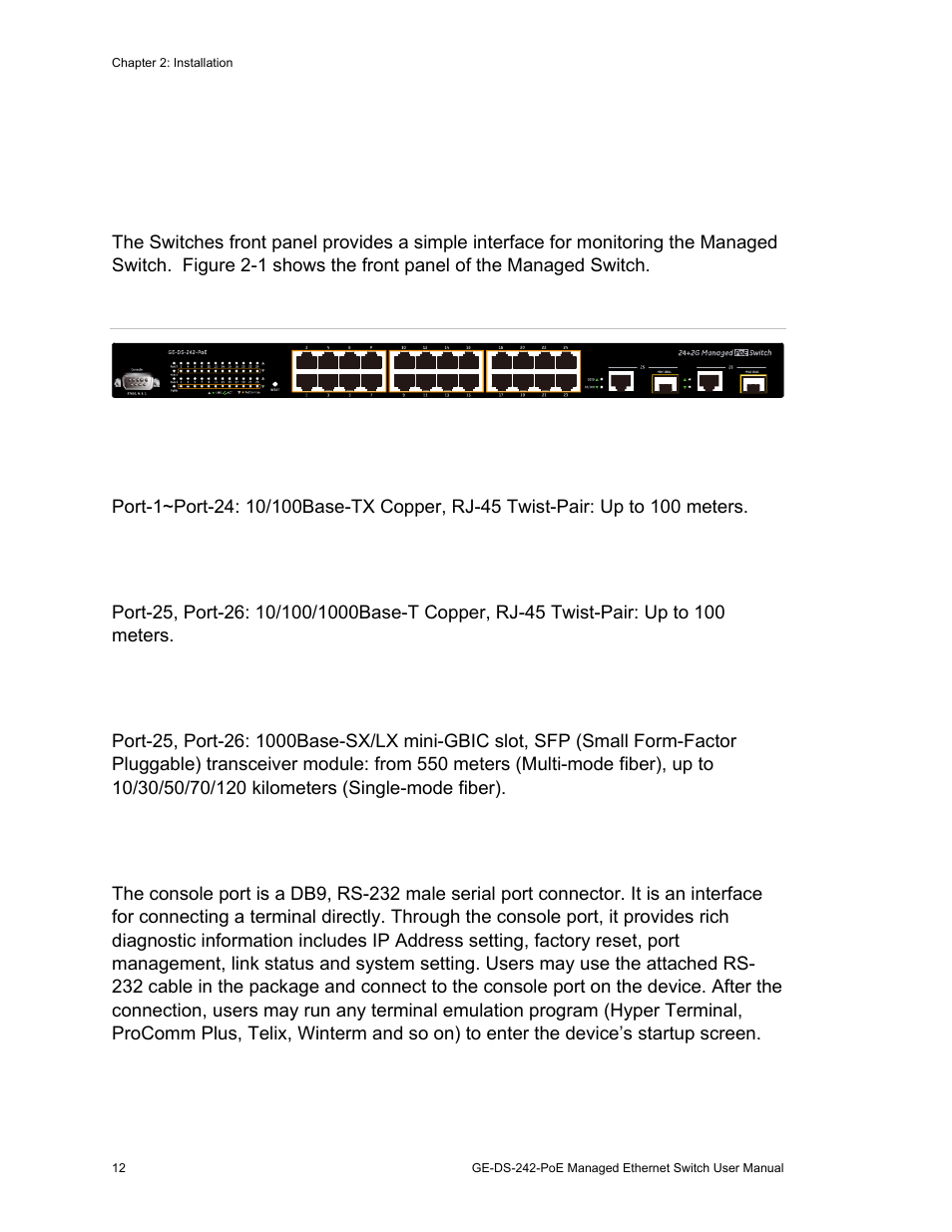 Hardware description, Switch front panel | Interlogix GE-DS-242-PoE User Manual | Page 16 / 218