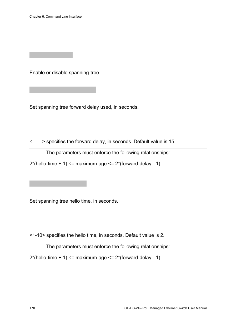 Commands 170, Stp/rstp commands | Interlogix GE-DS-242-PoE User Manual | Page 174 / 218