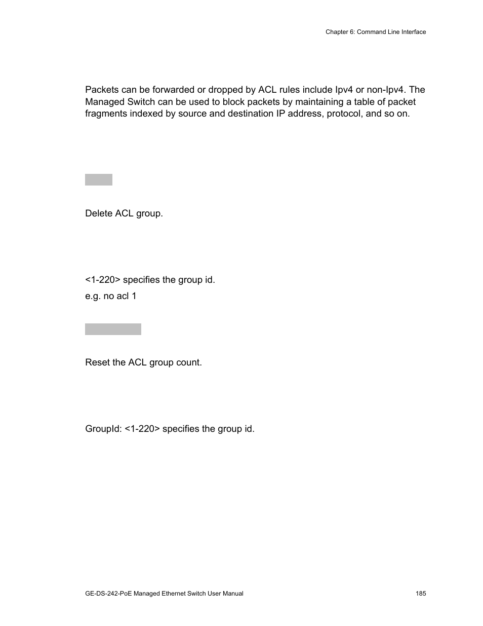 Access control list 185, Access control list, Ipv4 acl commands | Interlogix GE-DS-242-PoE User Manual | Page 189 / 218