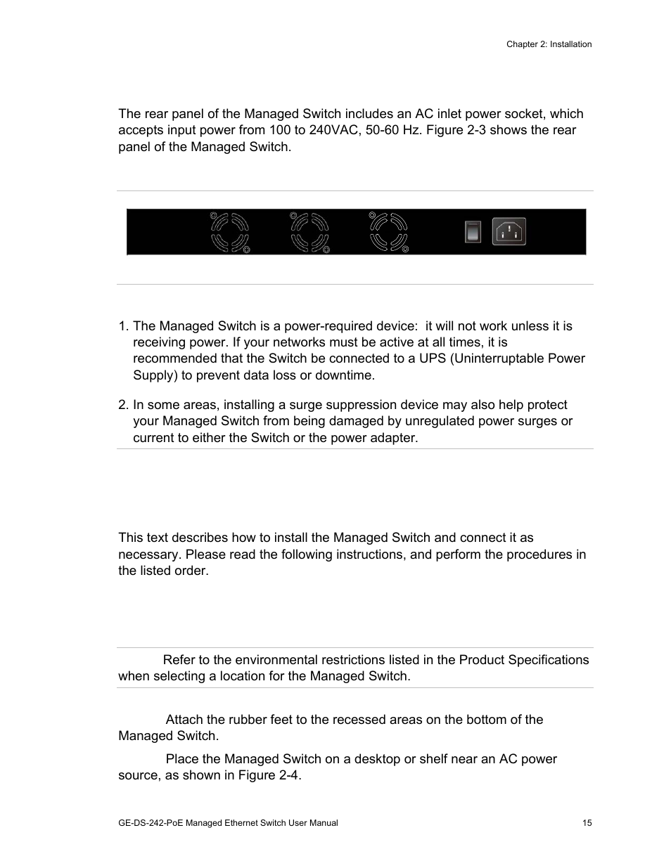 Switch installation, Switch rear panel, Desktop/shelf installation | Interlogix GE-DS-242-PoE User Manual | Page 19 / 218