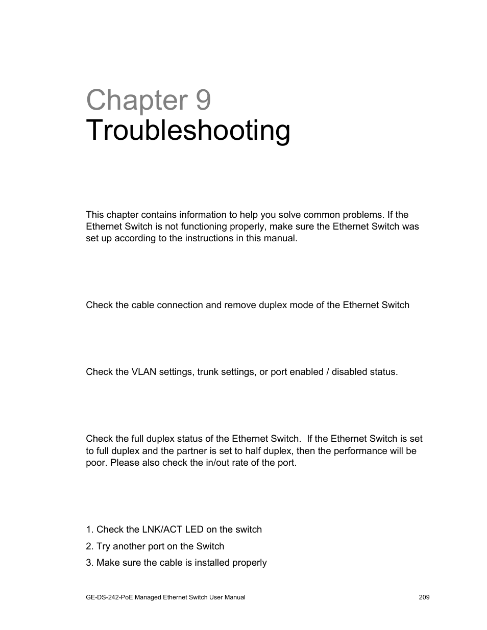 Troubleshooting 209, Chapter 9 troubleshooting | Interlogix GE-DS-242-PoE User Manual | Page 213 / 218