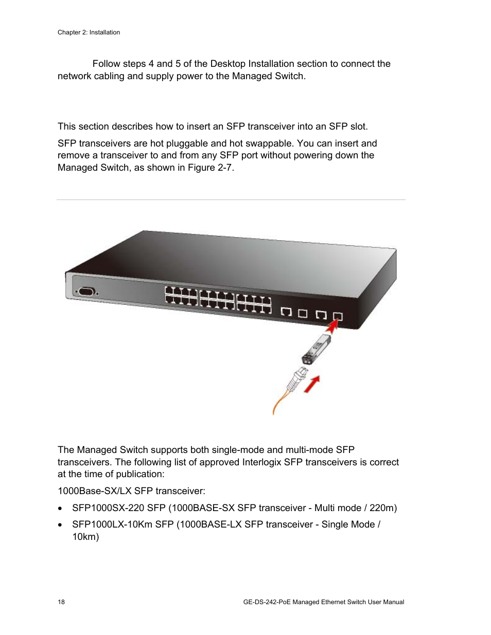 Sfp transceiver installation | Interlogix GE-DS-242-PoE User Manual | Page 22 / 218