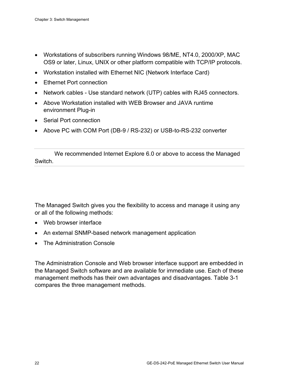 22 management access overview 22, Requirements, Management access overview | Interlogix GE-DS-242-PoE User Manual | Page 26 / 218