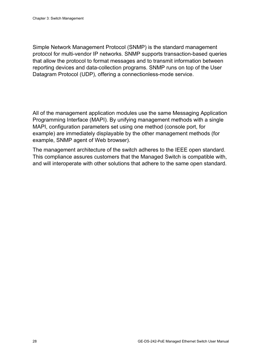 Management architecture 28, Management architecture, Snmp protocol | Interlogix GE-DS-242-PoE User Manual | Page 32 / 218