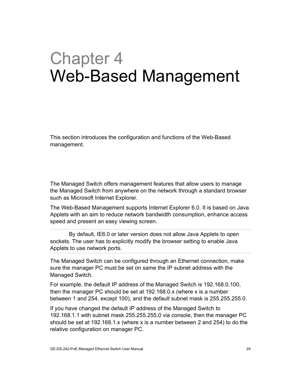 Web-based management 29, About web-based management 29, Chapter 4 web-based management | About web-based management | Interlogix GE-DS-242-PoE User Manual | Page 33 / 218