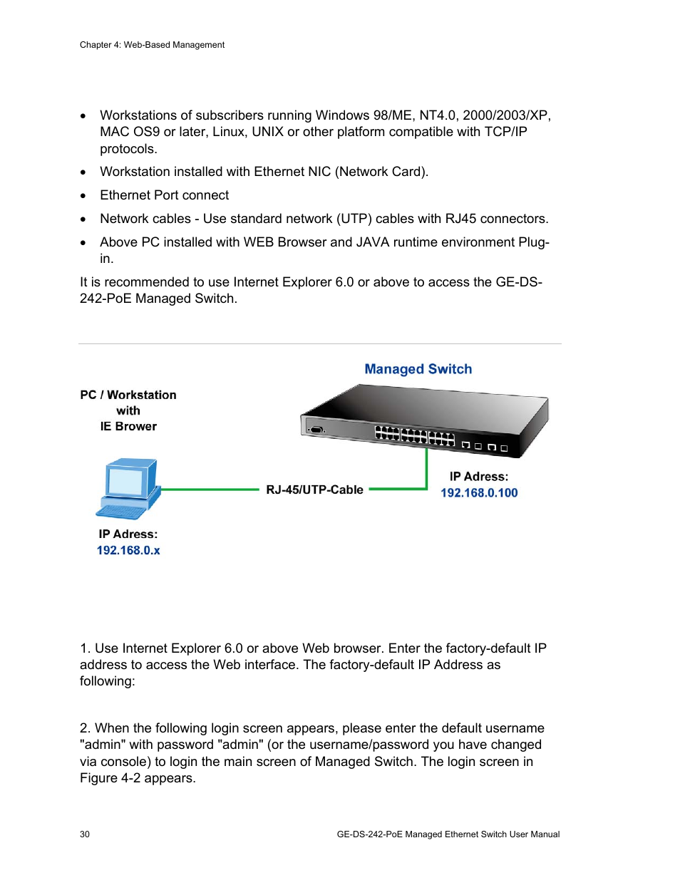 Requirements, Logging on to the switch | Interlogix GE-DS-242-PoE User Manual | Page 34 / 218