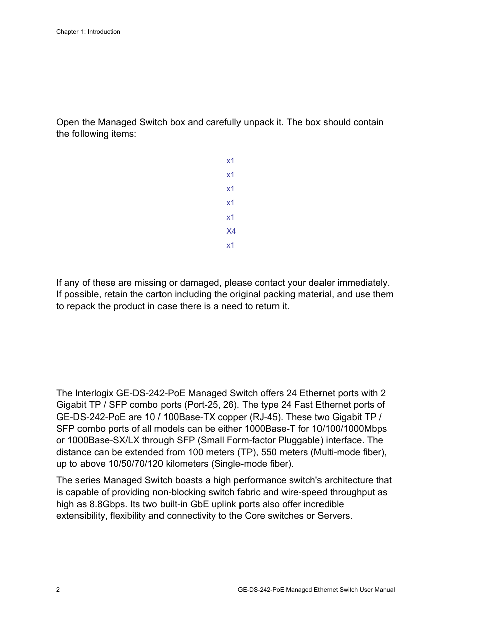 Package contents 2 product description 2, Package contents, Product description | What’s in the box | Interlogix GE-DS-242-PoE User Manual | Page 6 / 218