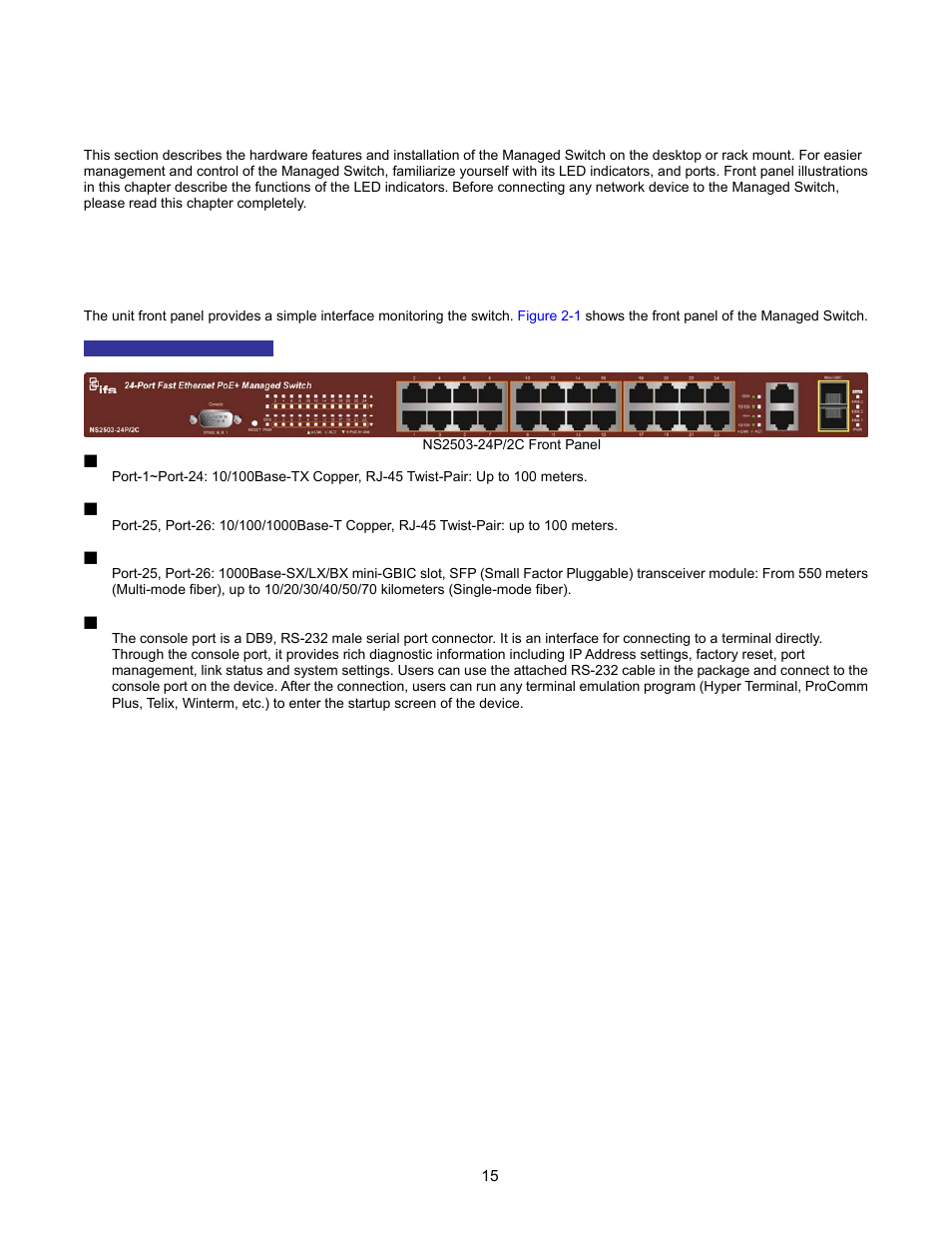 Installation, Hardware description, Switch front panel | Interlogix NS2503-24P/2C User Manual User Manual | Page 15 / 197