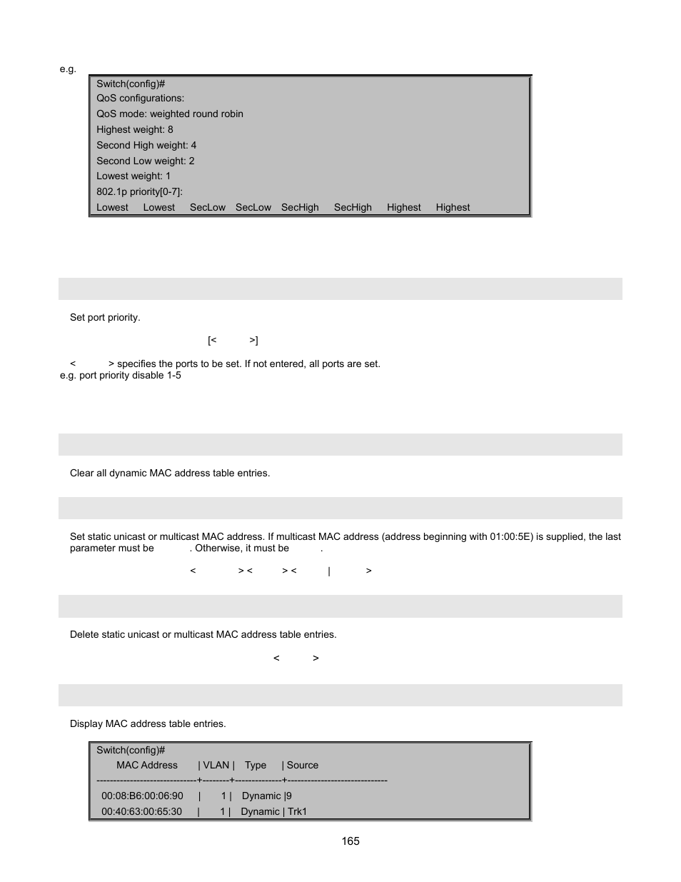 Per port priority, Mac address configuration | Interlogix NS2503-24P/2C User Manual User Manual | Page 165 / 197