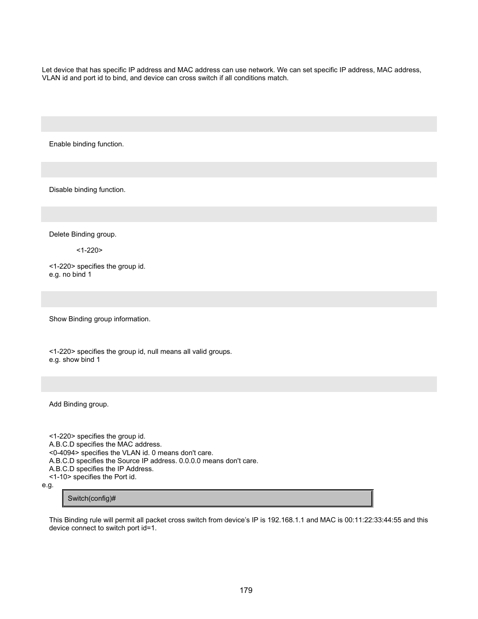 Binding, Sip/smac binding commands | Interlogix NS2503-24P/2C User Manual User Manual | Page 179 / 197
