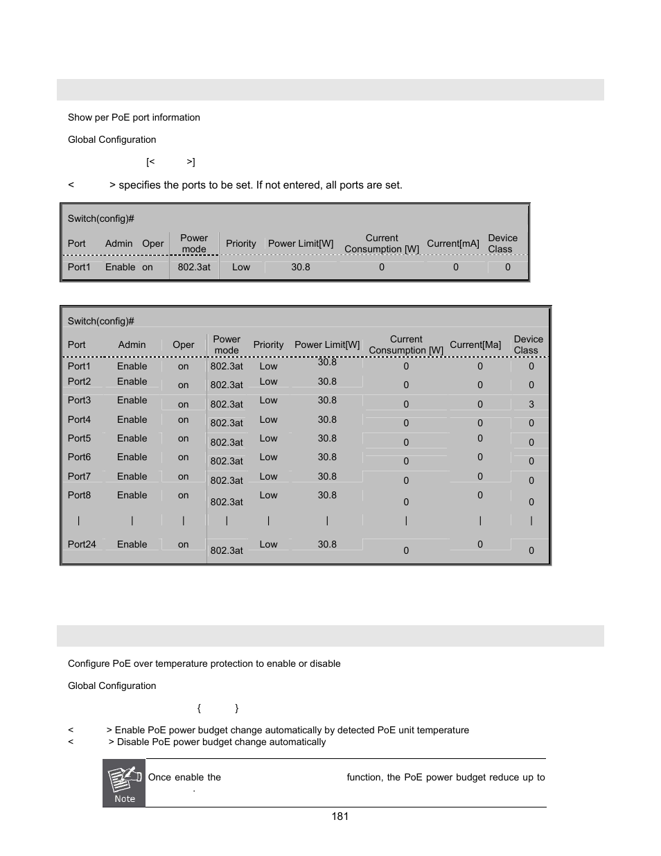 Configure poe over temperature protection, Show poe status, Poe temperature-protection enable | Interlogix NS2503-24P/2C User Manual User Manual | Page 181 / 197