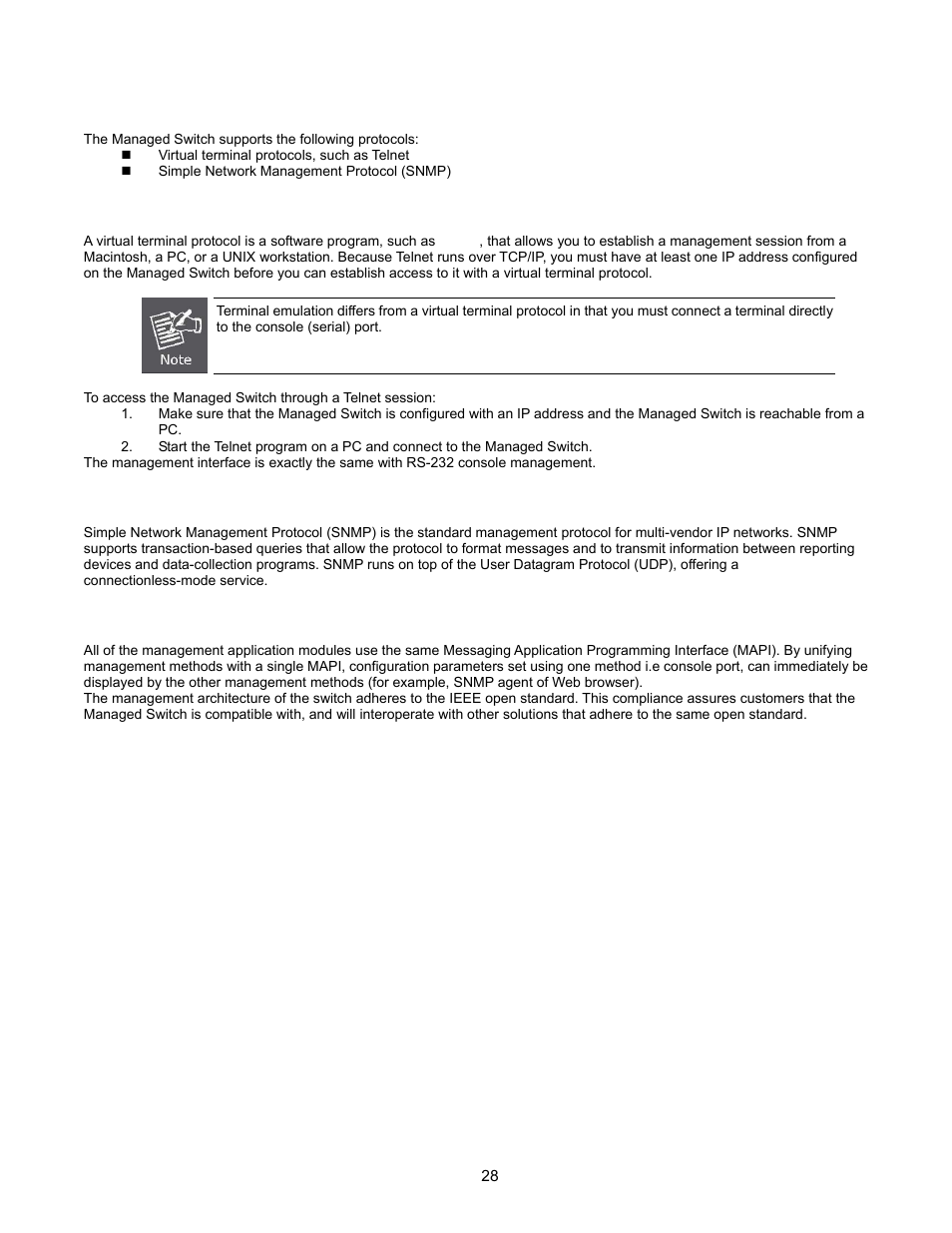 Protocols, Virtual terminal protocols, Snmp protocol | Management architecture | Interlogix NS2503-24P/2C User Manual User Manual | Page 28 / 197