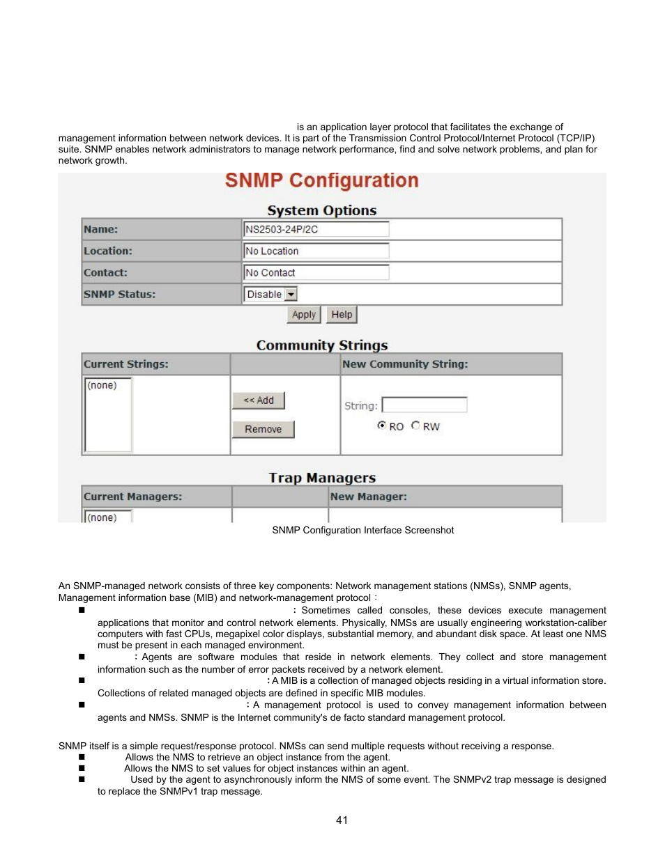 Snmp configuration, Snmp overview | Interlogix NS2503-24P/2C User Manual User Manual | Page 41 / 197