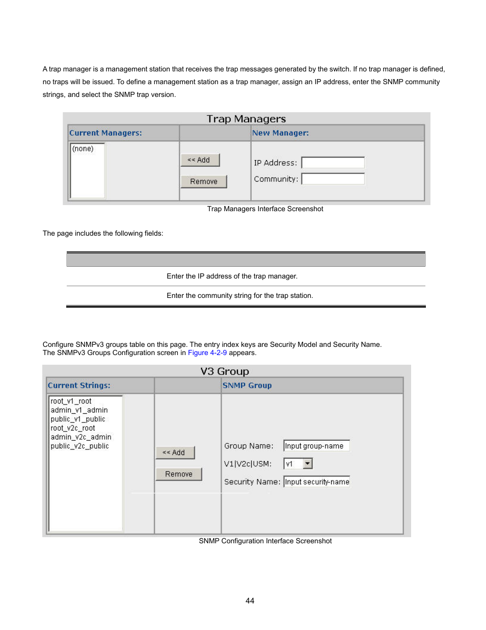 Trap managers, Snmpv3 groups | Interlogix NS2503-24P/2C User Manual User Manual | Page 44 / 197