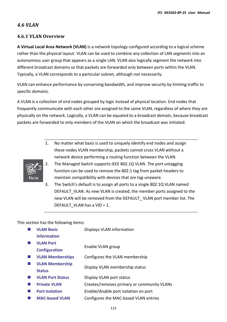 6 vlan, 1 vlan overview | Interlogix NS3502-8P-2S User Manual User Manual | Page 113 / 568