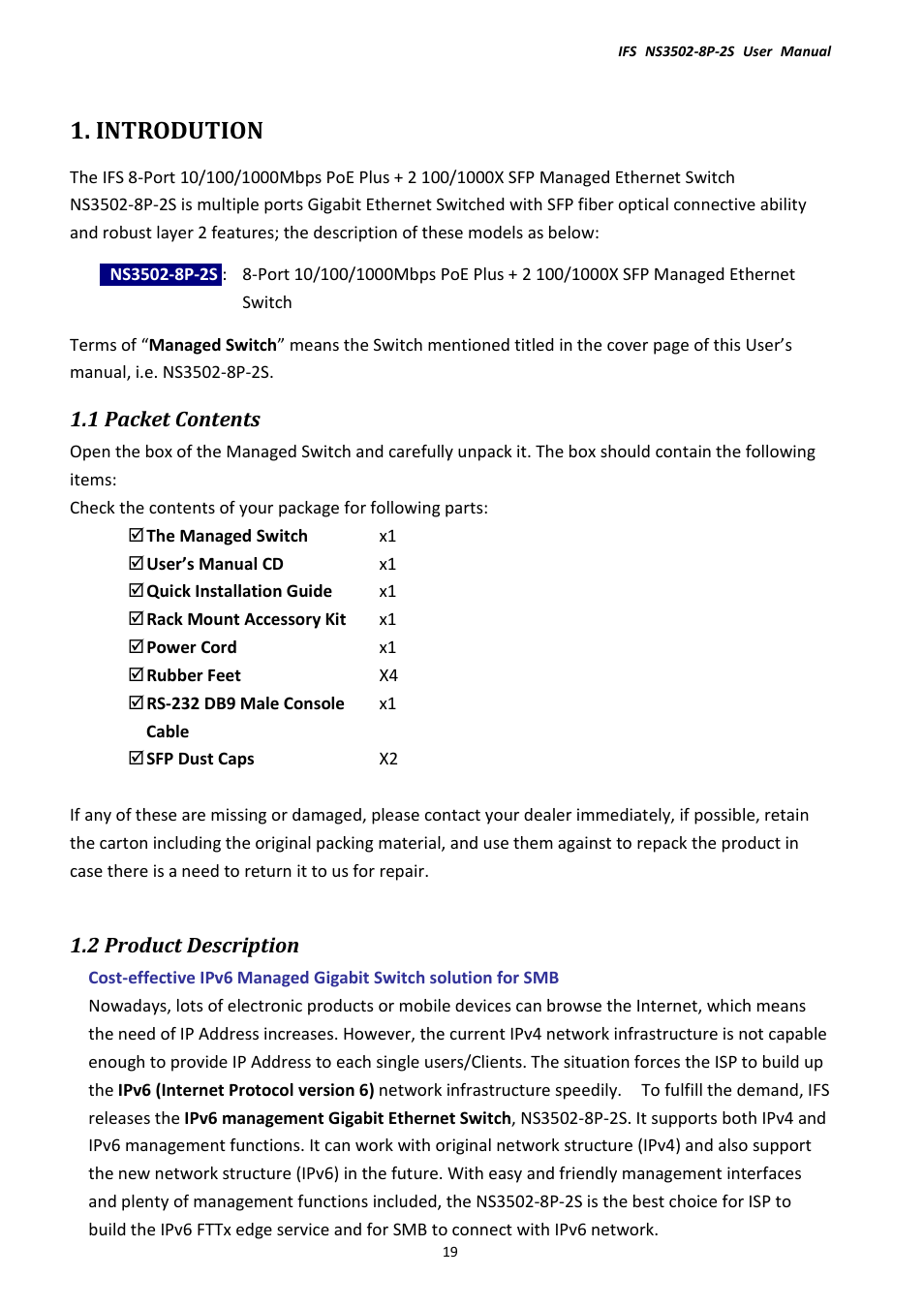 Introdution, 1 packet contents, 2 product description | Interlogix NS3502-8P-2S User Manual User Manual | Page 19 / 568