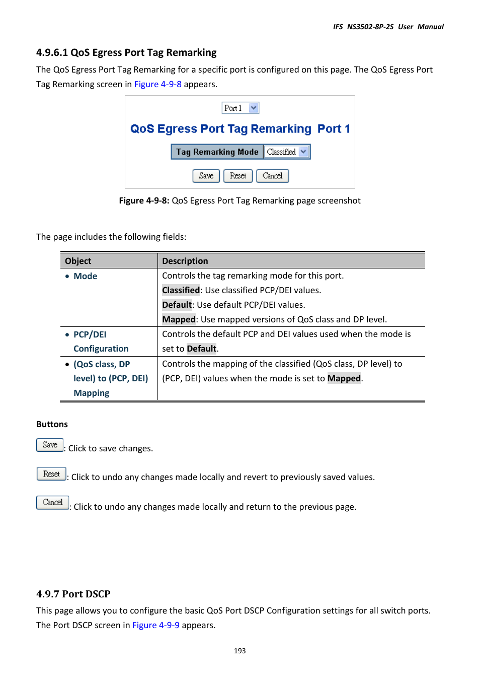 1 qos egress port tag remarking, 7 port dscp | Interlogix NS3502-8P-2S User Manual User Manual | Page 193 / 568