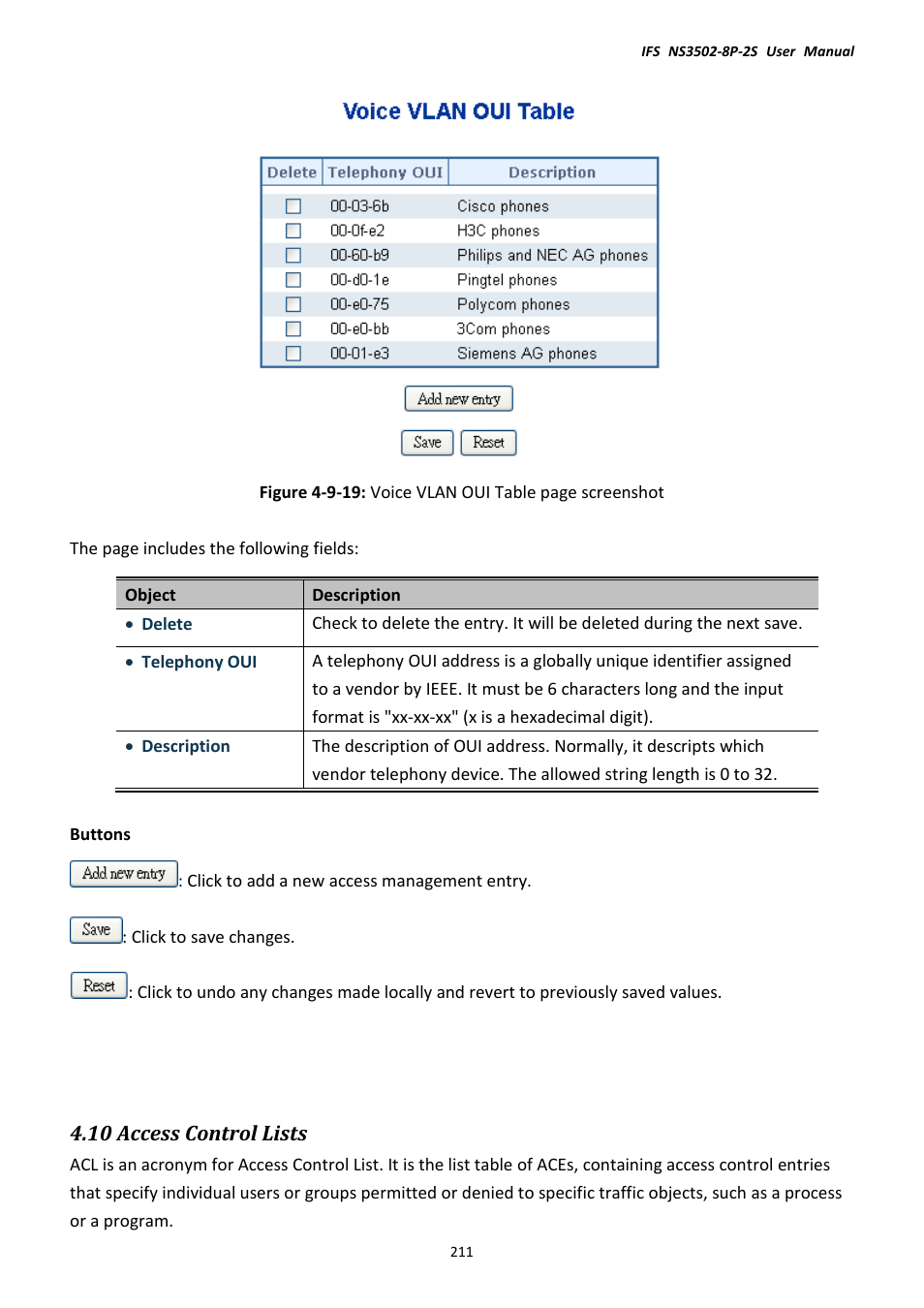 10 access control lists | Interlogix NS3502-8P-2S User Manual User Manual | Page 211 / 568