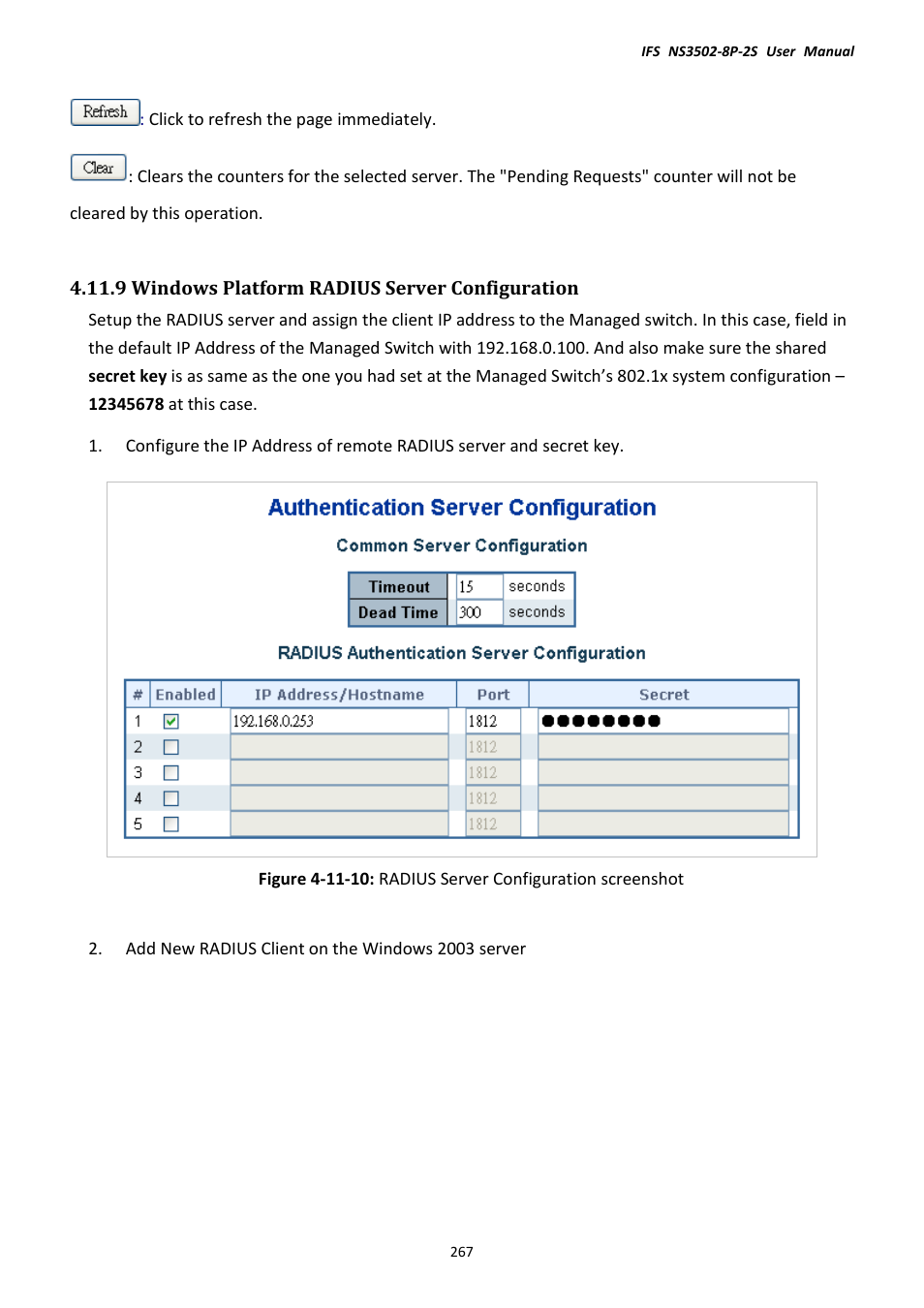 9 windows platform radius server configuration | Interlogix NS3502-8P-2S User Manual User Manual | Page 267 / 568