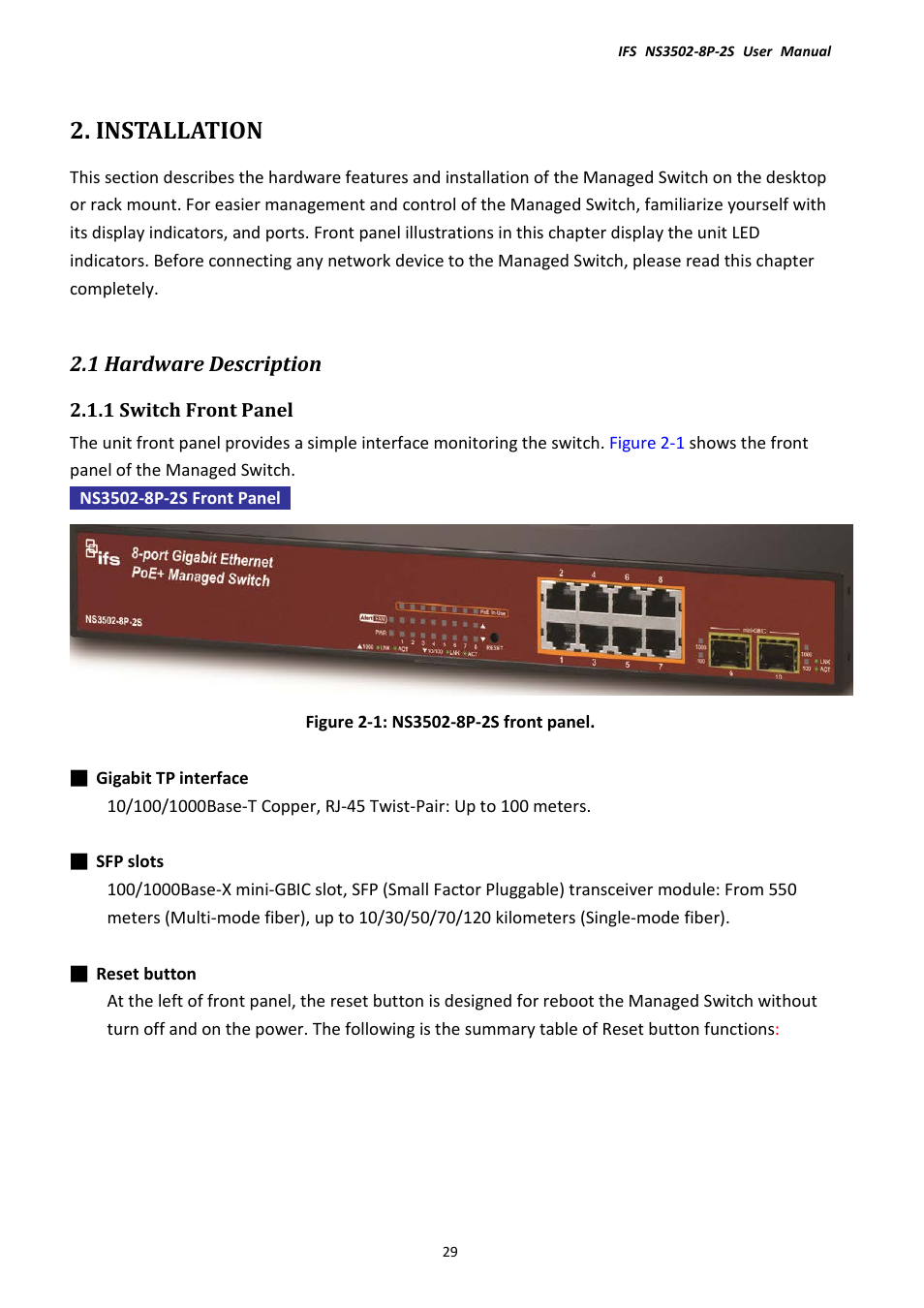 Installation, 1 hardware description, 1 switch front panel | Interlogix NS3502-8P-2S User Manual User Manual | Page 29 / 568