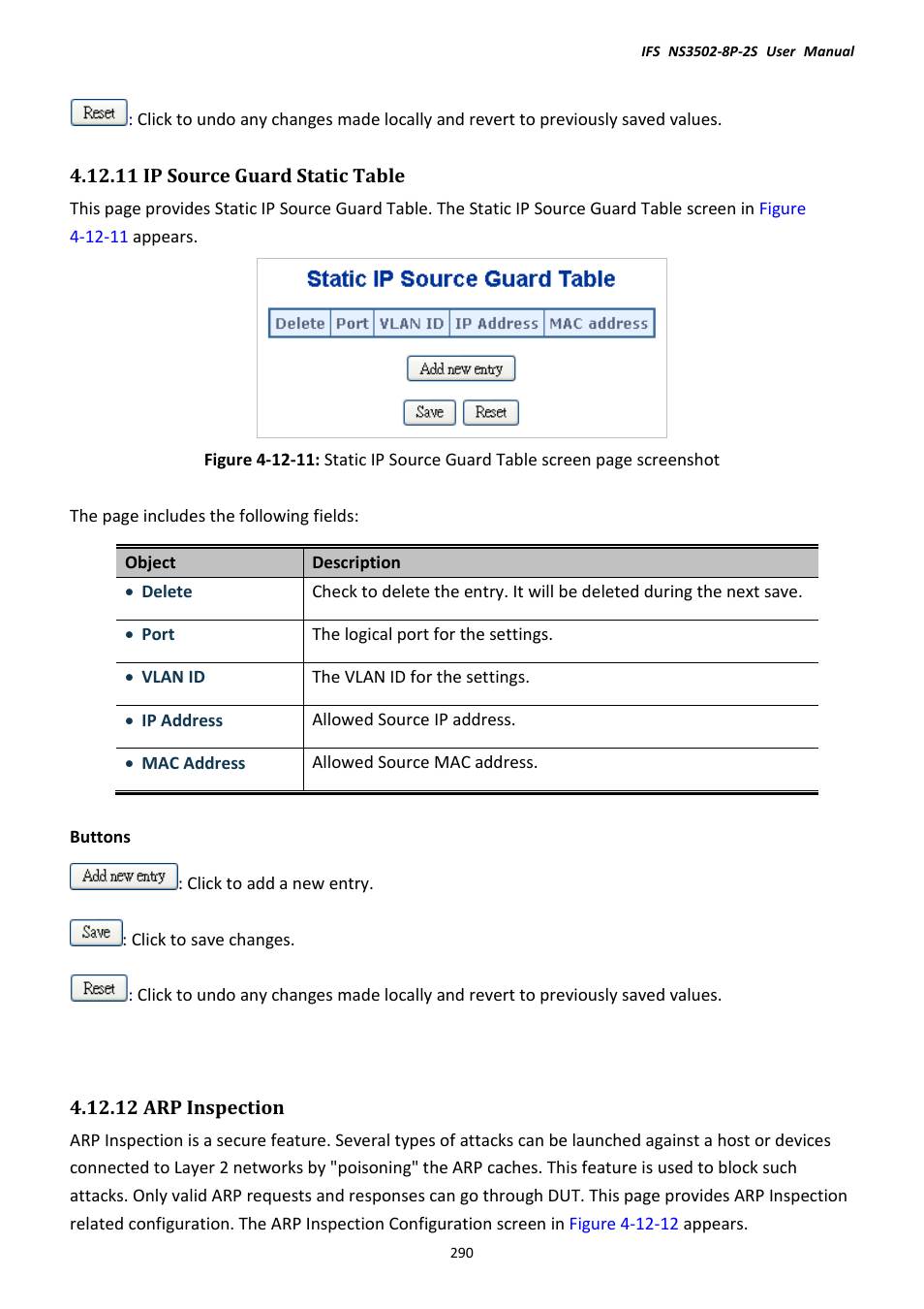 11 ip source guard static table, 12 arp inspection | Interlogix NS3502-8P-2S User Manual User Manual | Page 290 / 568