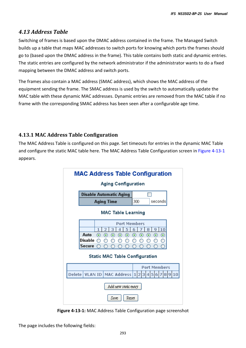 13 address table, 1 mac address table configuration | Interlogix NS3502-8P-2S User Manual User Manual | Page 293 / 568