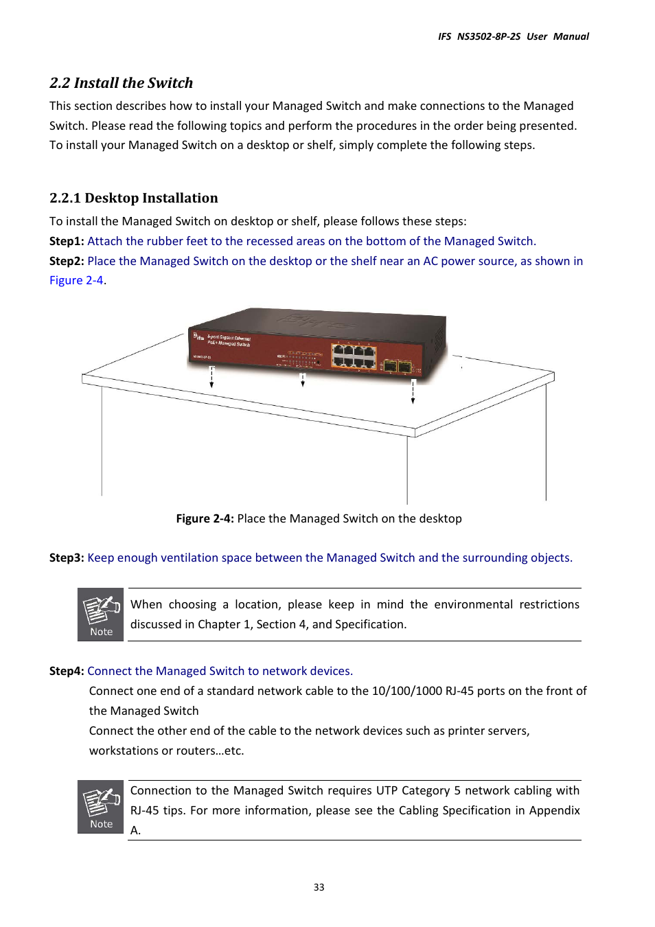 2 install the switch, 1 desktop installation | Interlogix NS3502-8P-2S User Manual User Manual | Page 33 / 568