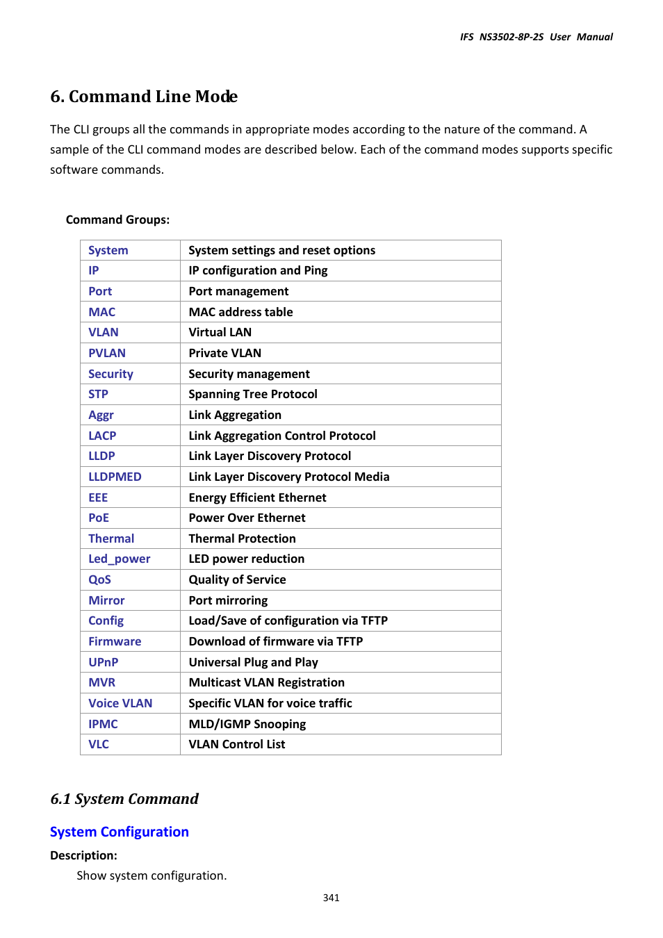 Command line mode, 1 system command, System configuration | Interlogix NS3502-8P-2S User Manual User Manual | Page 341 / 568