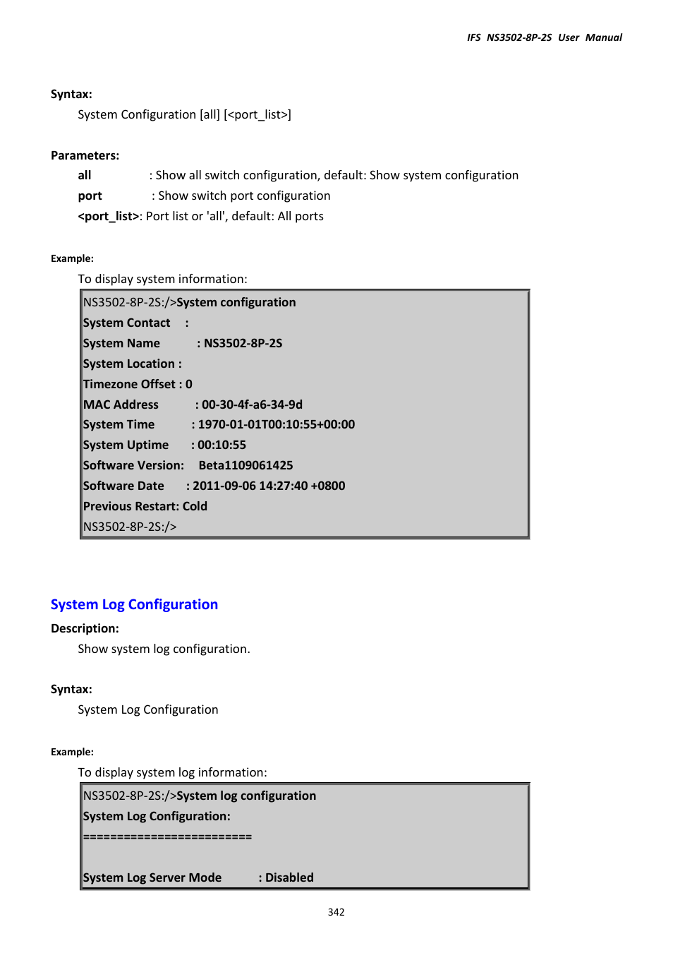 System log configuration | Interlogix NS3502-8P-2S User Manual User Manual | Page 342 / 568