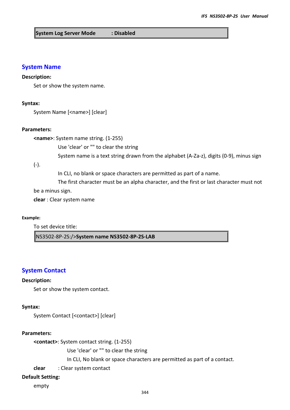 System name, System contact, System name system contact | Interlogix NS3502-8P-2S User Manual User Manual | Page 344 / 568