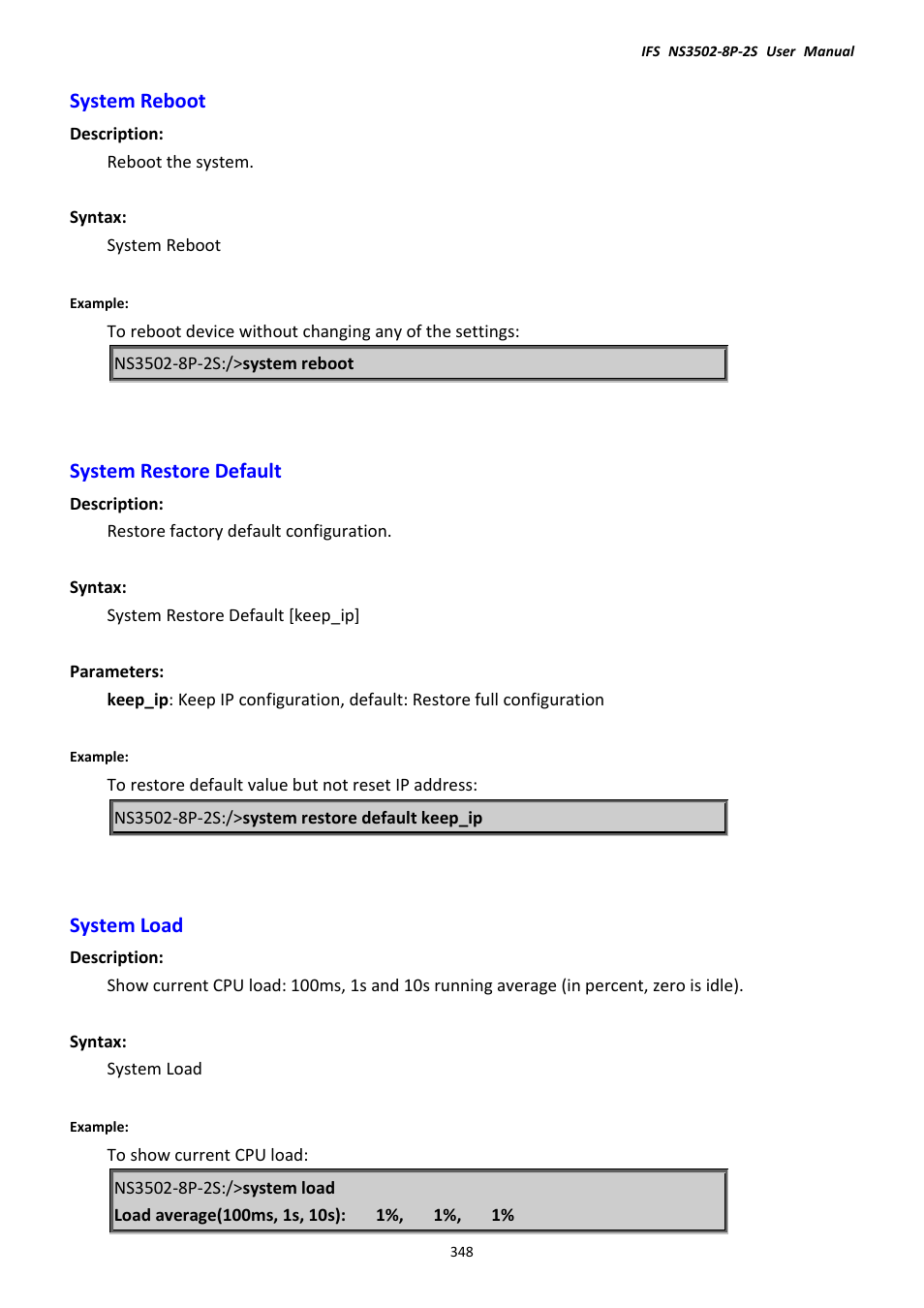 System reboot, System restore default, System load | System reboot system restore default system load | Interlogix NS3502-8P-2S User Manual User Manual | Page 348 / 568