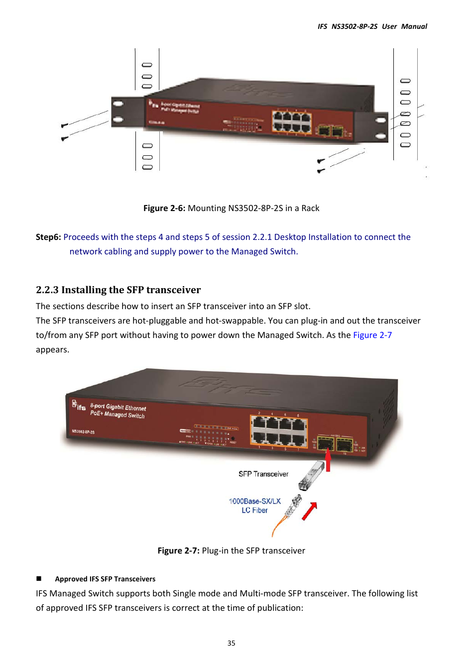 3 installing the sfp transceiver | Interlogix NS3502-8P-2S User Manual User Manual | Page 35 / 568